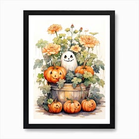 Cute Bedsheet Ghost, Botanical Halloween Watercolour 34 Art Print