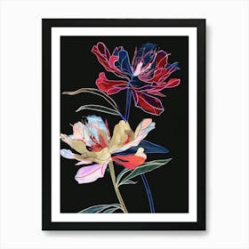 Neon Flowers On Black Peony 3 Art Print