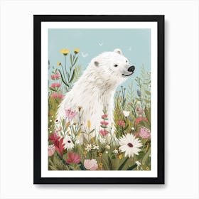 Polar Bear Cub In A Field Of Flowers Storybook Illustration 1 Art Print