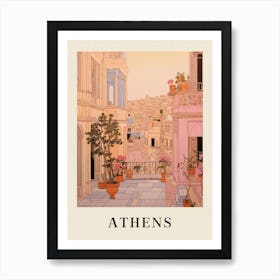 Athens Greece 1 Vintage Pink Travel Illustration Poster Art Print