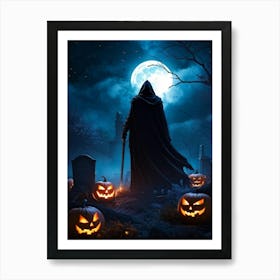 Sinister Reaper Silhouetted Against A Full Moon On Halloween Night Draped In A Tattered Black Cloak 2 1 Art Print