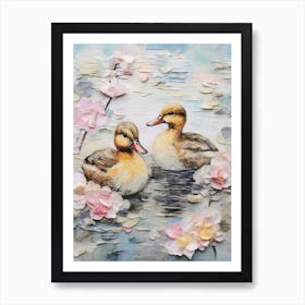 Ducklings Swimming Mixed Media Collage 1 Art Print