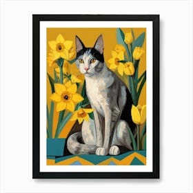 Cat With Daffodils Art Print