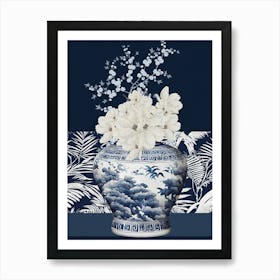 Navy blue and white Chinoiserie Flowers in Vase Art Print