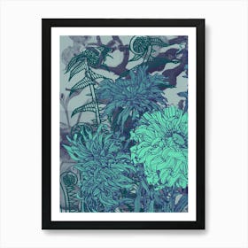 Abstract Botanical Fiddleheads and Dahlias, Indigo, Teal, and Mint, Collage No.1262-01 Art Print