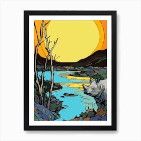 Simple Rhino Illustration By The River 4 Art Print