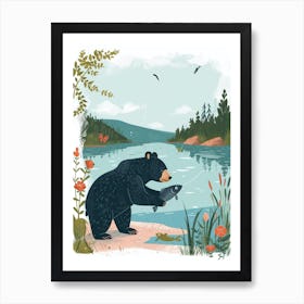 American Black Bear Catching Fish In A Tranquil Lake Storybook Illustration 4 Art Print