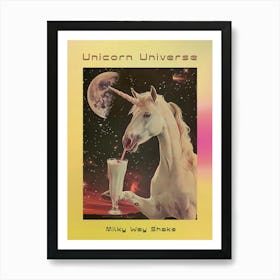 Unicorn In Space Drinking A Milkshake Retro Poster Art Print