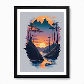 Fishing in a river with a Sunset Art Print