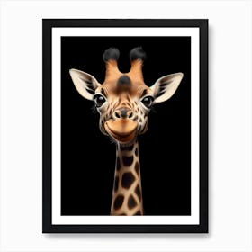 Funny cute Giraffe Portrait isolated on black background Art Print