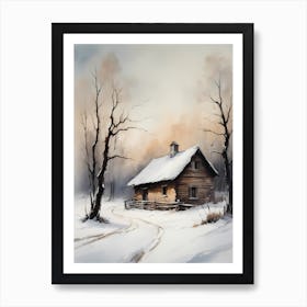 Rustic Winter Oil Painting Vintage Cottage (16) Art Print