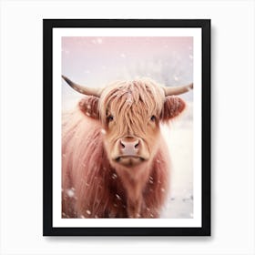 Highland Cow In The Snow Pink Filter Portrait 4 Art Print