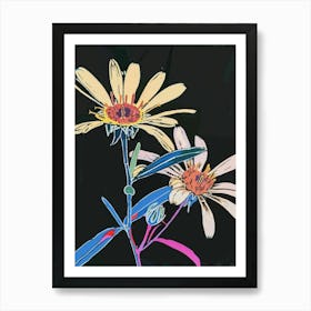 Neon Flowers On Black Asters 1 Art Print