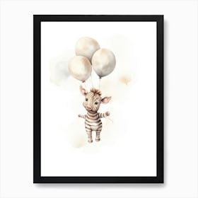 Baby Zebra Flying With Ballons, Watercolour Nursery Art 2 Art Print