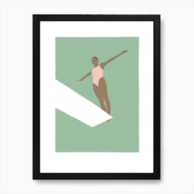 Woman on diving board in vintage green Art Print