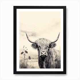Sepia Illustration Of Highland Cow Art Print