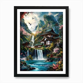 Japanese Temple in Mountain Waterfall Forest Oil Painting #4 Art Print