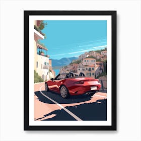 A Mazda Mx 5 Miata In Amalfi Coast, Italy, Car Illustration 3 Art Print