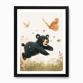 American Black Bear Cub Chasing After A Butterfly Storybook Illustration 4 Art Print