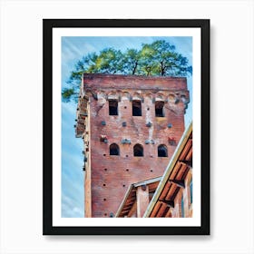 Lucca Guinigi Tower and Its Rooftop Trees. The Guinigi Tower, a historic landmark in Lucca, Italy, stands out for its unique rooftop garden featuring tall oak trees. Built in the 14th century, the red-brick structure embodies medieval architecture and offers panoramic views of the city for visitors who climb to the top. 2 Art Print