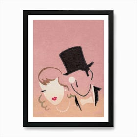 Man And A Woman, Vintage Matchbox Label Art, Pink Wall Art Art Print