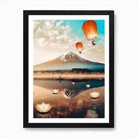 Sky Lanterns Flying and Mount Fuji Art Print