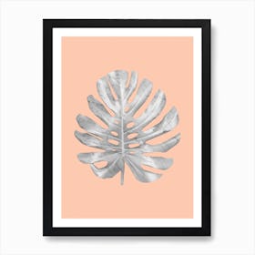 White Marble Monstera on Peach Wall Art Print