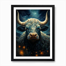A Bull With Longhorns In A Night Sky Art Print