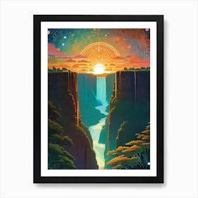 Mandala Sunset Over A Waterfall - Trippy Abstract Cityscape Iconic Wall Decor Visionary Psychedelic Fractals Fantasy Art Cool Full Moon Third Eye Space Sci-fi Awesome Futuristic Ancient Paintings For Your Home Gift For Him Yoga Meditation Room Art Print