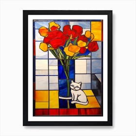 Lisianthus With A Cat 2 De Stijl Style Mondrian Art Print