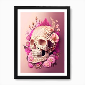 Skull With Intricate Henna 2 Designs Pink Vintage Floral Art Print