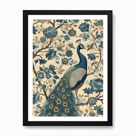 Blue Vintage Floral Peacock Wallpaper 2 Art Print