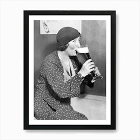 Woman Drinking Beer, Black and White Vintage Photo Art Print