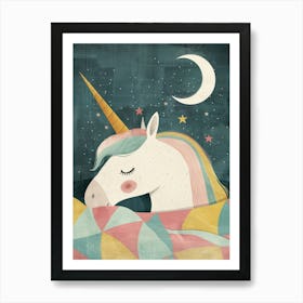 Pastel Storybook Style Unicorn Sleeping In A Duvet With The Moon 4 Art Print