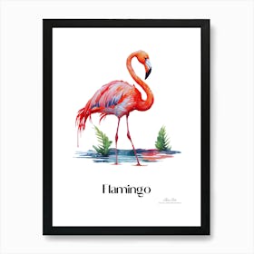 Flamingo. Long, thin legs. Pink or bright red color. Black feathers on the tips of its wings.12 Art Print