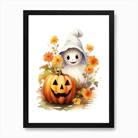 Cute Ghost With Pumpkins Halloween Watercolour 126 Art Print
