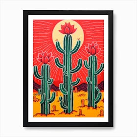 Pink And Red Plant Illustration Pencil Cactus 3 Art Print