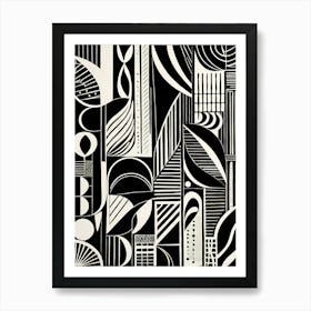 Mid Century Inspired Linocut Abstract Black And White art, 122 Art Print