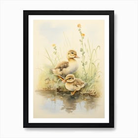 Japanese Woodblock Style Duckling Family 5 Art Print