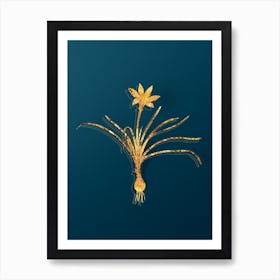 Vintage Rain Lily Botanical in Gold on Teal Blue n.0009 Art Print