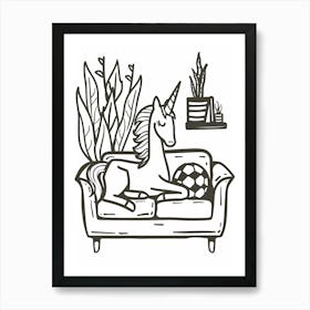 A Unicorn Black & White Doodle Relaxing On The Sofa 2 Art Print