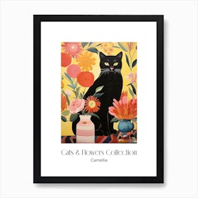 Cats & Flowers Collection Camellia Flower Vase And A Cat, A Painting In The Style Of Matisse 1 Art Print