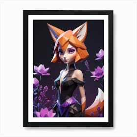 Low Poly Floral Fox Girl, Purple (16) Art Print