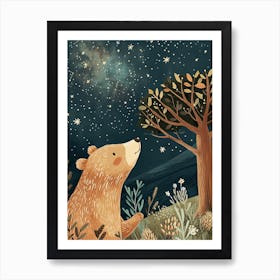 Sloth Bear Looking At A Starry Sky Storybook Illustration 3 Art Print