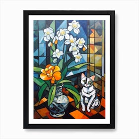 Orchids With A Cat 2 Cubism Picasso Style Art Print