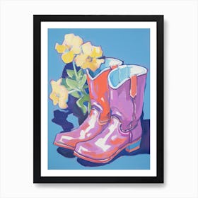 Purple Pink Cowbow Boots With Yellow Flower Art Print