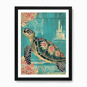 Floral Sea Turtle With An Underwater Castle Art Print