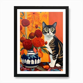 Forget Me Not Flower Vase And A Cat, A Painting In The Style Of Matisse 1 Art Print