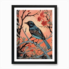 Birds And Branches Linocut Style 7 Art Print