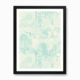 Hawaiian Toile Polynesian Hula Dance Tropical Landscape Aqua Blue Cream White Art Print